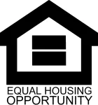 Black and white Equal Housing Opportunity logo with a house shape and equal sign inside.