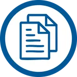 Blue icon of two overlapping documents with text lines inside a white circle and thick blue border.