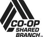 Black Co-op Shared Branch logo with stylized geometric shapes and bold text on transparent background