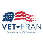 VetFran logo with stylized American flag and text powered by the IFA Foundation in blue and red colors