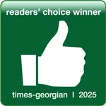 Green badge with a thumbs-up symbol, indicating Readers' Choice Winner for Times-Georgian 2025.