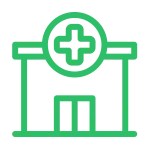 Green line hospital building icon with medical cross symbol representing healthcare services