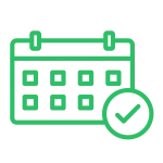 Green outlined calendar icon with checkmark symbol indicating confirmed or scheduled event.
