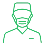 Green line icon of a doctor or surgeon wearing a surgical cap and face mask on black background