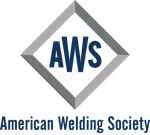American Welding Society logo with gray diamond shape and blue AWS letters and text below.