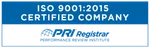 ISO 9001:2015 certified company logo with PRI Registrar Performance Review Institute text.