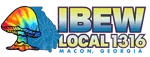 Colorful tie-dye mushroom, blue Georgia outline with fist, and IBEW Local 1316 text for Macon, Georgia union.