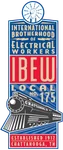 Logo of International Brotherhood of Electrical Workers Local 175 with fist, lightning, train, Chattanooga Tennessee.