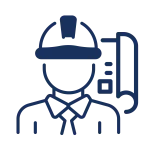 Outline icon of a professional engineer wearing a safety helmet with a rolled blueprint beside them