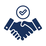 Blue handshake icon with a checkmark above symbolizing agreement or partnership approval
