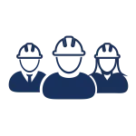 Icon of three construction workers wearing hard hats representing team and safety in construction