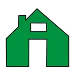 Green house icon with a chimney and two rectangular windows against a transparent background