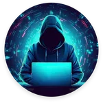 Faceless hacker in a hooded jacket using a glowing laptop with digital code and data streams in background.