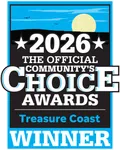 2026 Official Community's Choice Awards Treasure Coast winner badge with sun and birds graphic.