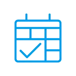 Blue calendar icon with a checkmark inside a date square on a dark background representing scheduled event.