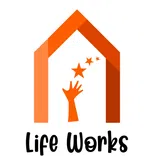 Orange hand reaching for stars inside a house-shaped frame with Life Works text below
