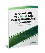 Ebook cover titled 16 Questions You Must Ask Before Hiring Any IT Company with green and black design elements