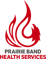Red flame logo above gray and red text reading Prairie Band Health Services on white background