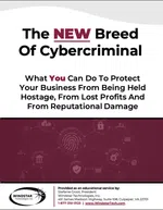 Educational flyer on protecting businesses from cybercriminals, focusing on prevention of hostage, profit loss, and reputation damage.