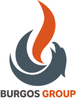 Burgos Group logo featuring a stylized flame design in orange and gray colors