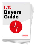 Stack of I.T. Buyers Guide booklets with red and black text and a red heartbeat icon on the cover