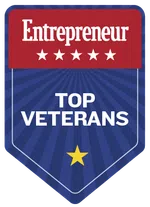 Entrepreneur Top Veterans badge with five white stars on red and one gold star on blue background