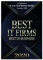 Award badge for Best IT Firms 2020 by St. Louis Small Business Monthly with a dark background and gold text.