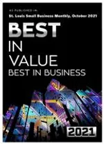 Award badge for Best in Value and Best in Business by St. Louis Small Business Monthly, October 2021.