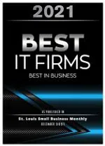 2021 Best IT Firms award badge presented by St. Louis Small Business Monthly with blue and black design.