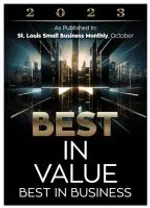 2023 Best in Value and Best in Business Award from U.S. News Small Business Health on dark cityscape background.