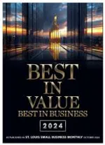 Best in Value Best in Business 2024 award with city skyline and sunset reflection background