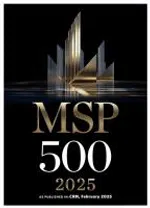 MSP 500 2025 award logo with golden stylized skyscraper design on black background.