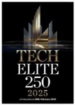 Tech Elite 250 2025 award logo with gold and white text on a black background and a stylized gold emblem.