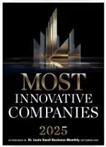 Award emblem for Most Innovative Companies 2025 featuring gold and silver skyscraper design on black background