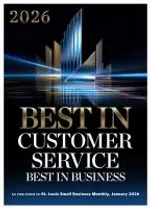 2026 Best in Customer Service award with modern gleaming architectural design and bold text on black background.