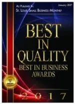2017 Best in Quality award badge from St. Louis Small Business Monthly with gold text and ribbon.