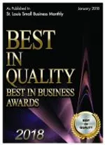 Best in Quality 2018 Business Awards cover with gold text and award seal on black and purple background.