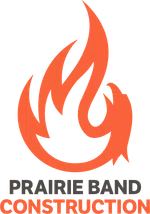 Bold orange flame logo above black and orange text reading Prairie Band Construction on white background