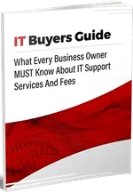 Cover of IT Buyers Guide book for business owners on IT support services and fees with red design.