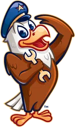 Cartoon eagle in a blue cap holding a wrench and saluting with a confident smile.