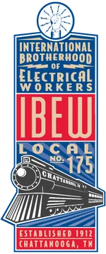 Logo of International Brotherhood of Electrical Workers Local 175 with fist, lightning, train, Chattanooga Tennessee.