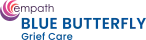Empath Blue Butterfly Grief Care logo with purple and blue text and circular abstract design.