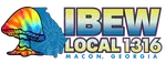 Colorful tie-dye mushroom, blue Georgia outline with fist, and IBEW Local 1316 text for Macon, Georgia union.