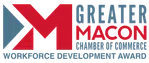 Logo of Greater Macon Chamber of Commerce Workforce Development Award with red and blue design elements.