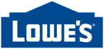 Blue Lowe's logo with white bold text inside a house-shaped outline