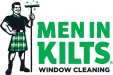 Logo of Men In Kilts, a window cleaning company featuring a man in a kilt.