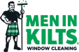 Logo featuring a smiling man in a green plaid kilt holding a squeegee next to bold text Men In Kilts Window Cleaning