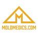 MoldMedics.com logo with stylized yellow M forming a triangular shape on black background