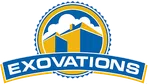 Exovations logo with stylized blue and yellow buildings under clouds inside a gear-like circle.