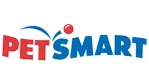 Petsmart logo with playful red and blue letters and a red ball bouncing over the word smart.